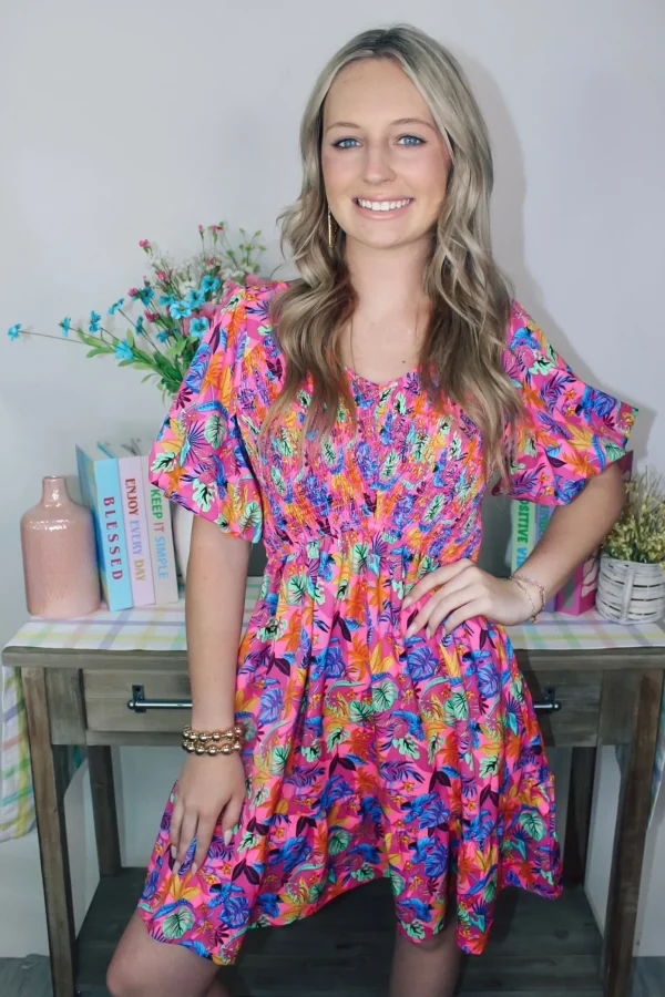 Allie Lynn's Boutique Printed Dresses<Bright Tropical Mini Dress