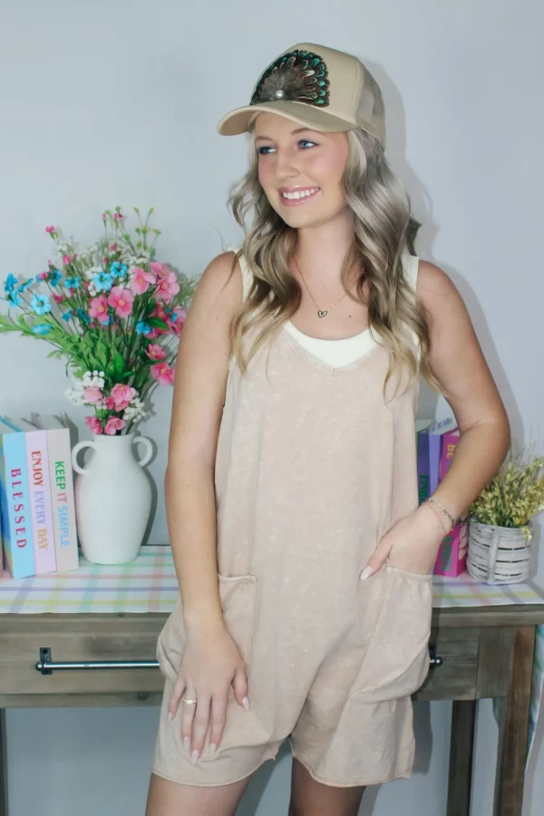 Allie Lynn's Boutique Rompers/Sets<Casual Sleeveless Washed Knit Romper "Taupe"