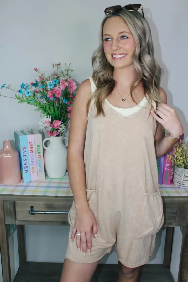 Allie Lynn's Boutique Rompers/Sets<Casual Sleeveless Washed Knit Romper "Taupe"