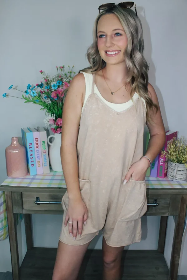 Allie Lynn's Boutique Rompers/Sets<Casual Sleeveless Washed Knit Romper "Taupe"