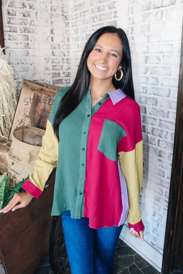 Allie Lynn's Boutique Solid Tops<Colorblock Button Down "Forest/Magenta"