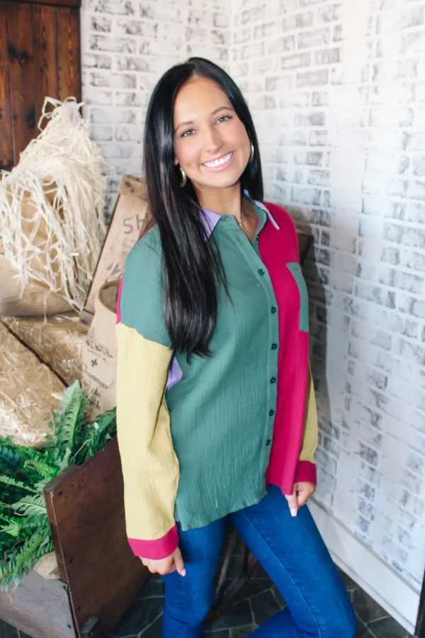 Allie Lynn's Boutique Solid Tops<Colorblock Button Down "Forest/Magenta"