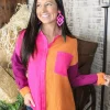 Allie Lynn's Boutique Solid Tops<Colorblock Button Down "Fuchsia/Orange"