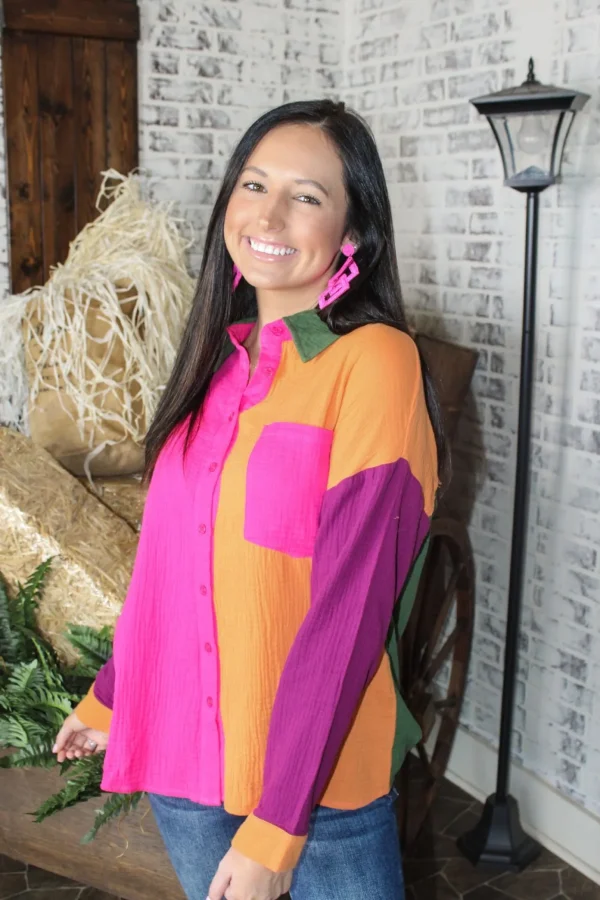 Allie Lynn's Boutique Solid Tops<Colorblock Button Down "Fuchsia/Orange"