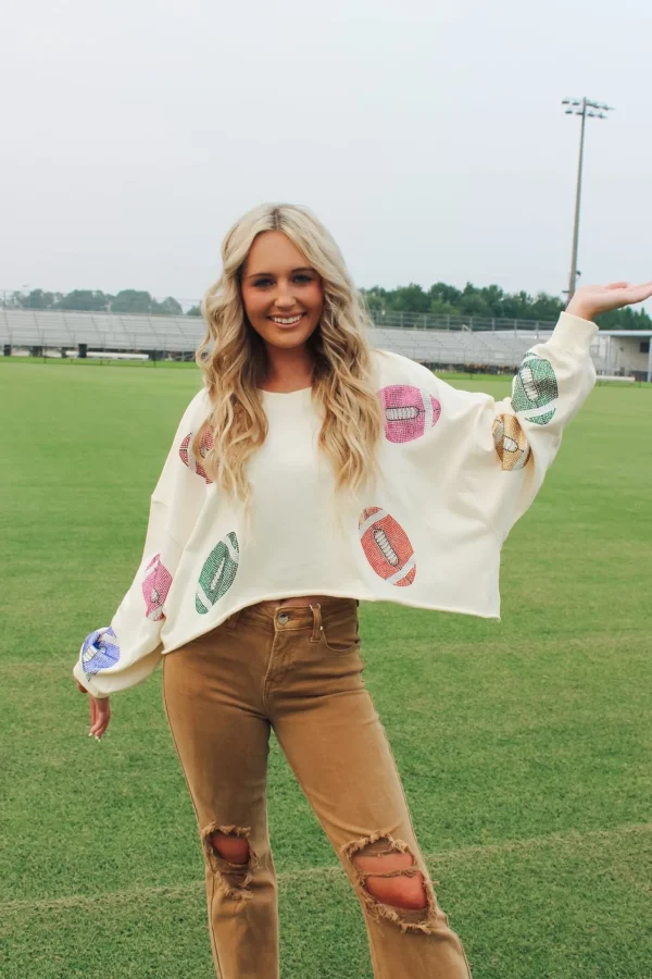 Allie Lynn's Boutique Sweaters/Jackets<Colorful Stone Football Crop Sweatshirt