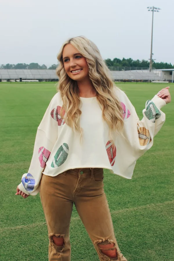 Allie Lynn's Boutique Printed Tops<Colorful Stone Football Crop Sweatshirt