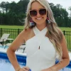 Allie Lynn's Boutique Solid Tops<Cross Neck Cropped Knit Top "White"