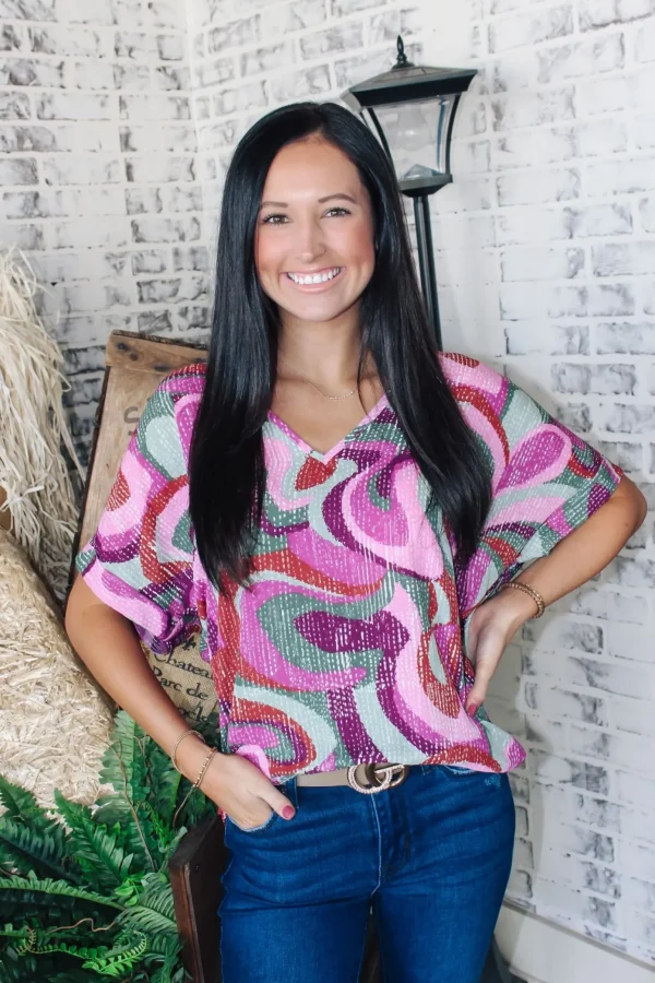 Allie Lynn's Boutique Printed Tops<Dancing Marvel Cuff Sleeve Top