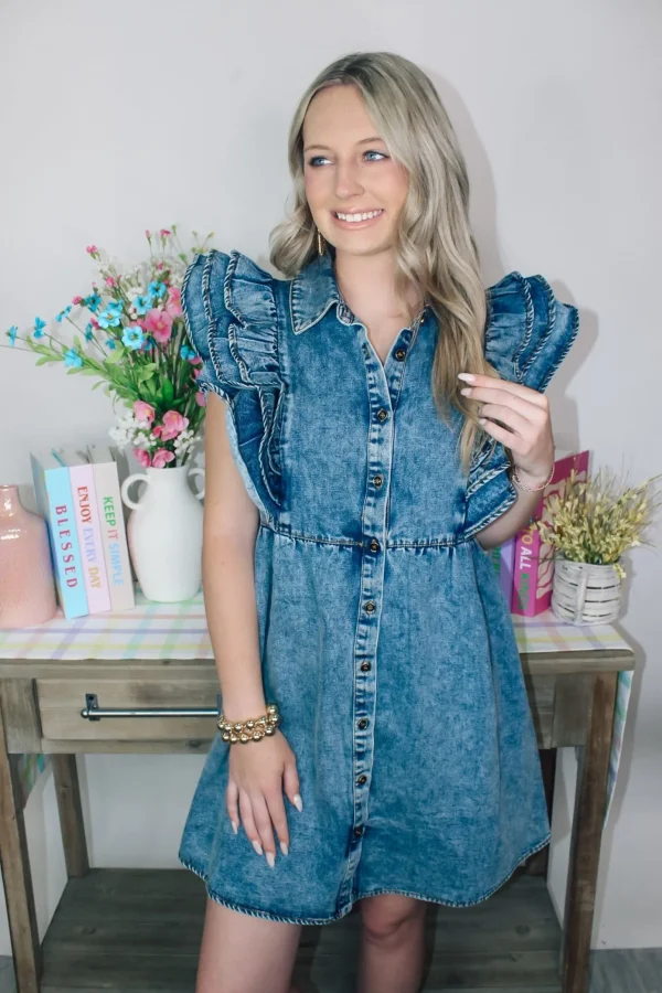 Allie Lynn's Boutique Solid Dresses<Denim Dreams Ruffle Dress