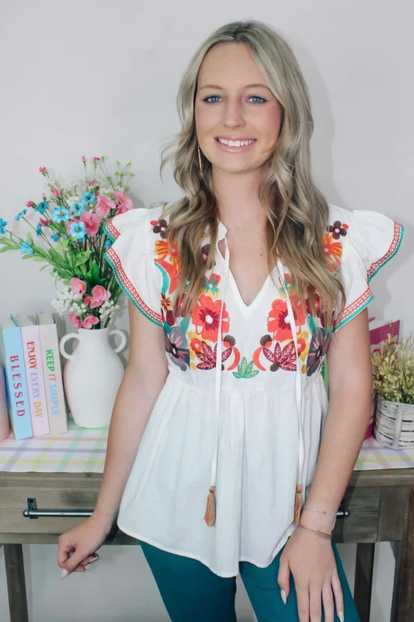 Allie Lynn's Boutique Printed Tops<Floral Embroidered Baby Doll Top