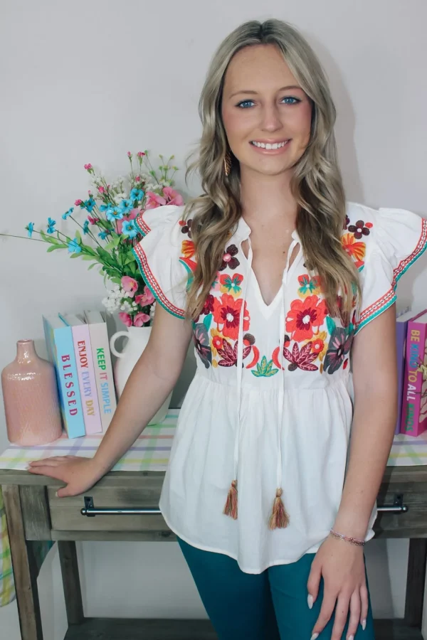 Allie Lynn's Boutique Printed Tops<Floral Embroidered Baby Doll Top