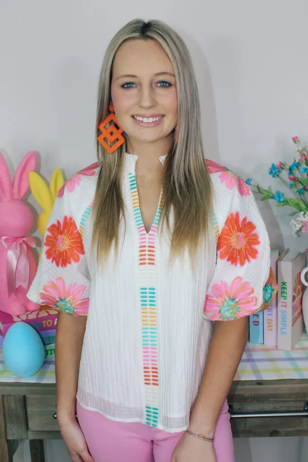 Allie Lynn's Boutique Printed Tops<Floral Embroidered Puff Sleeve Top