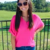 Allie Lynn's Boutique Solid Tops<Fuchsia V-Neck Cuff Sleeve Top