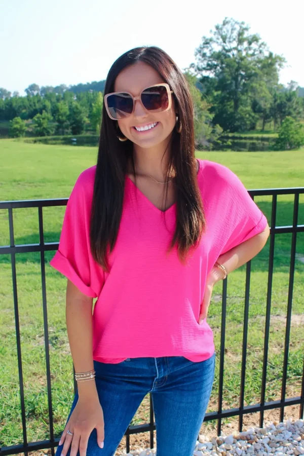 Allie Lynn's Boutique Solid Tops<Fuchsia V-Neck Cuff Sleeve Top