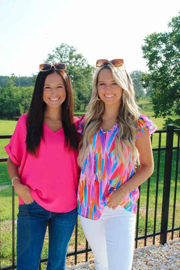 Allie Lynn's Boutique Solid Tops<Fuchsia V-Neck Cuff Sleeve Top