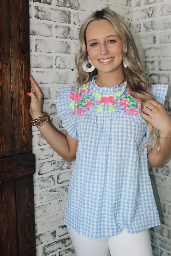 Allie Lynn's Boutique Printed Tops<Gingham Powder Blue Top