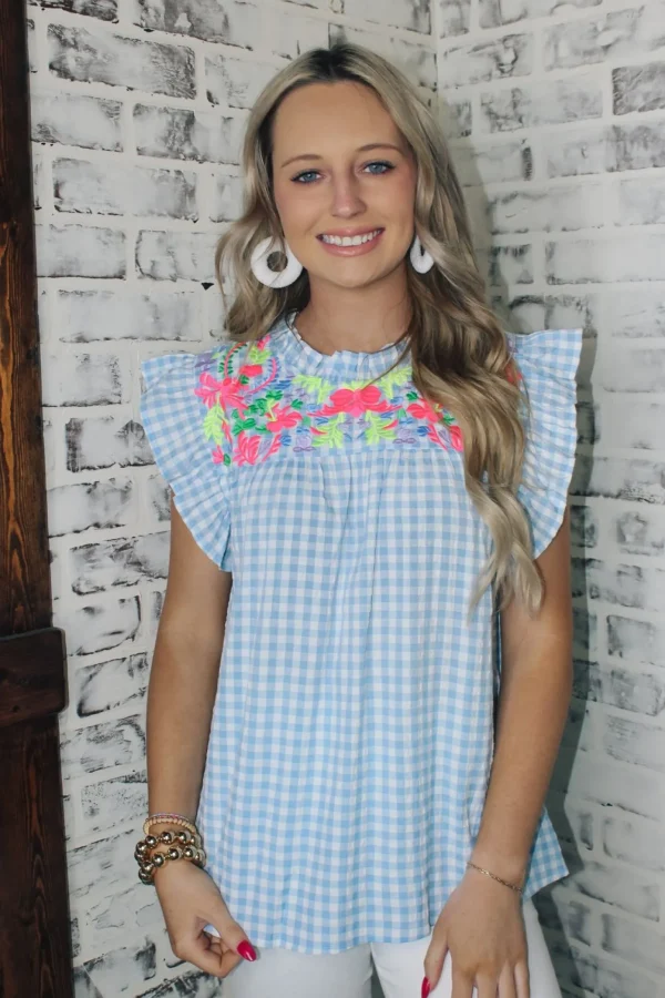 Allie Lynn's Boutique Printed Tops<Gingham Powder Blue Top