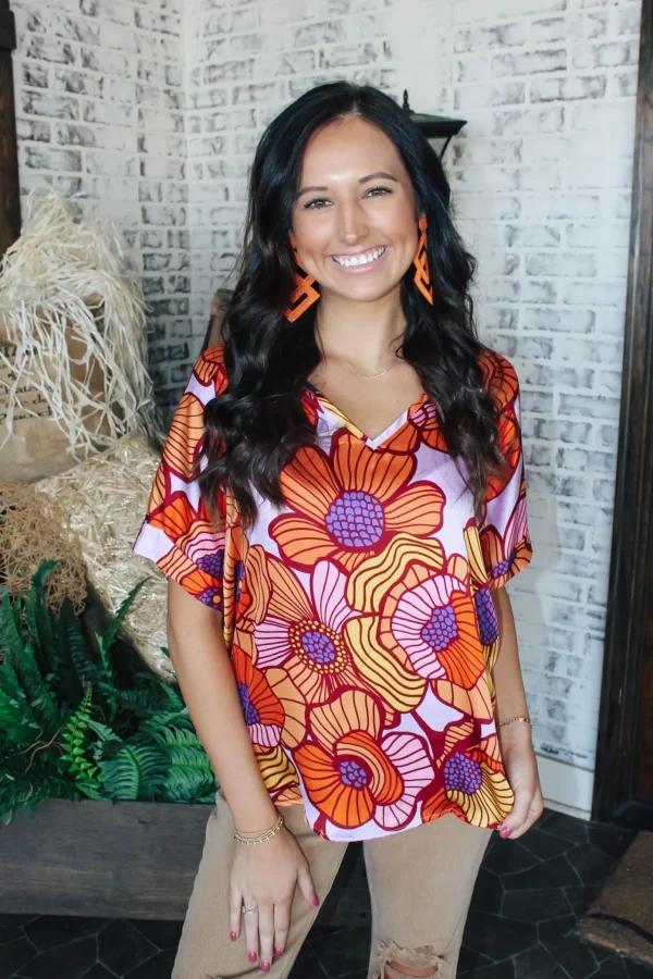 Allie Lynn's Boutique Printed Tops<Groovy Blooms Cuff Sleeve Top