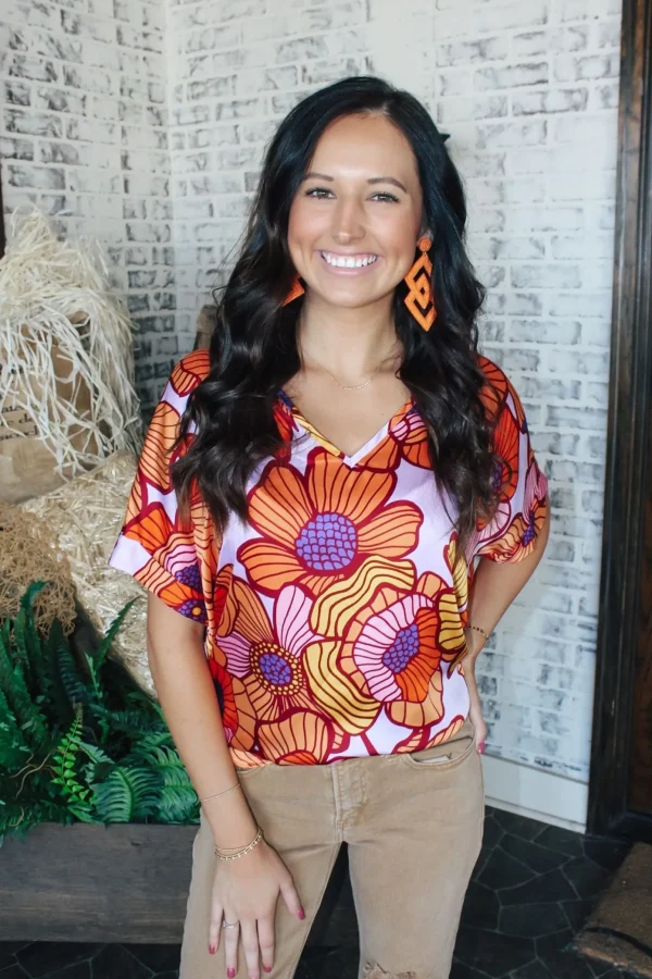 Allie Lynn's Boutique Printed Tops<Groovy Blooms Cuff Sleeve Top