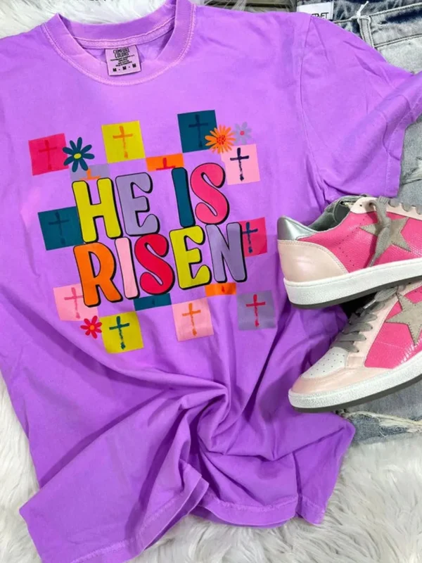 Allie Lynn's Boutique Graphic Tees<He Is Risen Graphic Tee "Neon Violet"