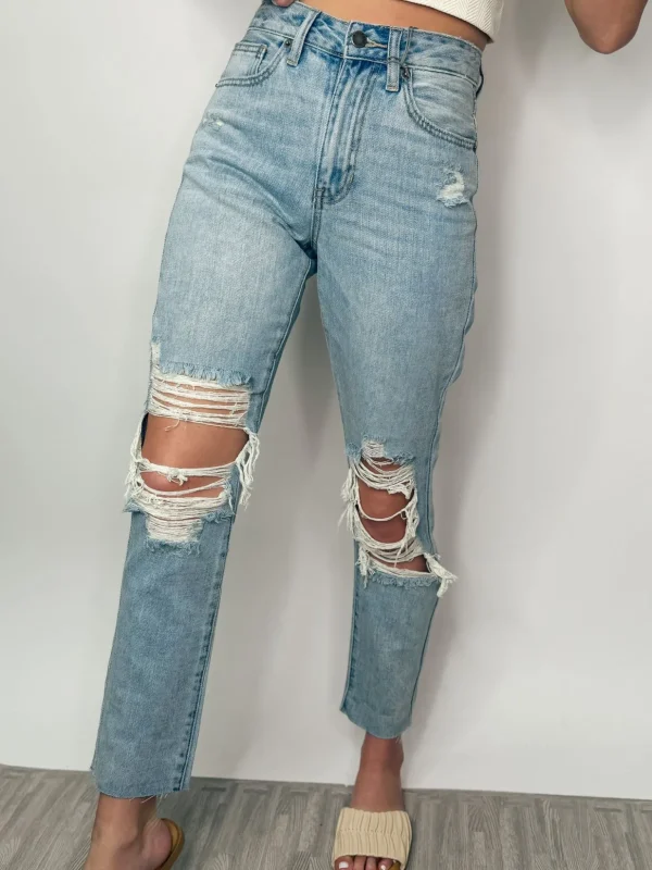 Allie Lynn's Boutique Pants<High Rise Distressed Straight Jeans "Light Denim"