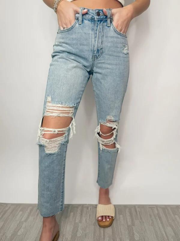 Allie Lynn's Boutique Pants<High Rise Distressed Straight Jeans "Light Denim"