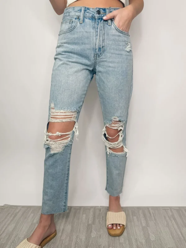 Allie Lynn's Boutique Pants<High Rise Distressed Straight Jeans "Light Denim"