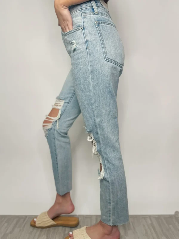 Allie Lynn's Boutique Pants<High Rise Distressed Straight Jeans "Light Denim"