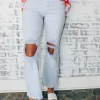 Allie Lynn's Boutique Pants<High Rise Knee Distressed Pants "Ice Blue"