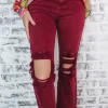 Allie Lynn's Boutique Pants<High Rise Knee Distressed Pants "Wine"