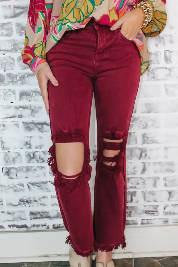 Allie Lynn's Boutique Pants<High Rise Knee Distressed Pants "Wine"