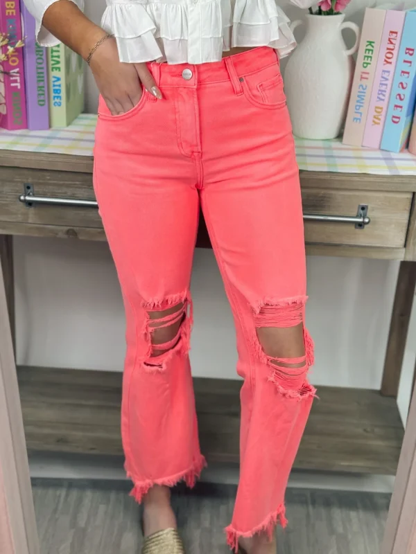 Allie Lynn's Boutique Pants<High Rise Knee Distressed Straight Pants "Coral"