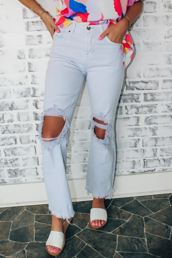 Allie Lynn's Boutique Pants<High Rise Knee Distressed Pants "Ice Blue"