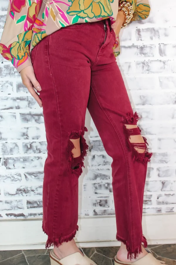 Allie Lynn's Boutique Pants<High Rise Knee Distressed Pants "Wine"