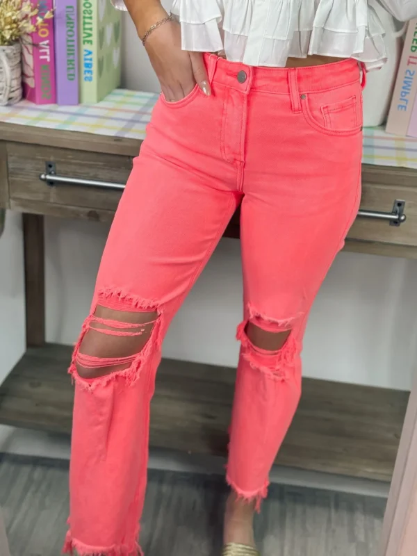 Allie Lynn's Boutique Pants<High Rise Knee Distressed Straight Pants "Coral"