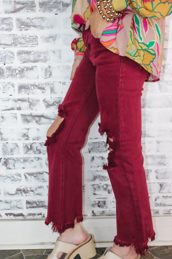 Allie Lynn's Boutique Pants<High Rise Knee Distressed Pants "Wine"