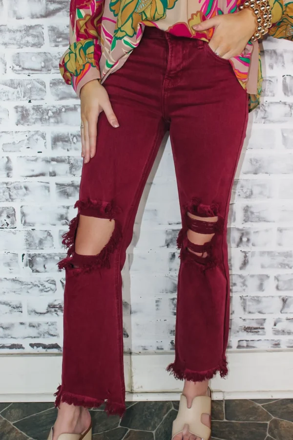 Allie Lynn's Boutique Pants<High Rise Knee Distressed Pants "Wine"