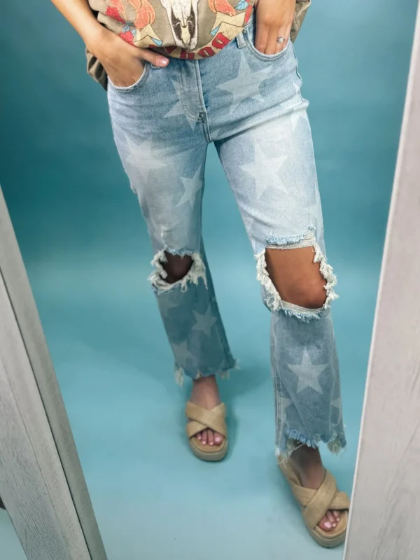 Allie Lynn's Boutique Pants<High Rise Star Printed Straight Crop Jeans