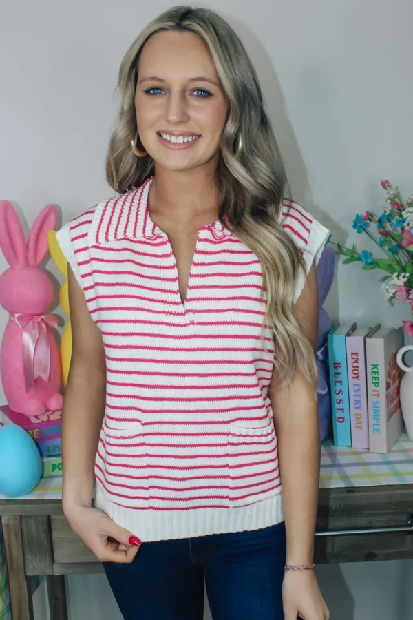 Allie Lynn's Boutique Printed Tops<Hot Pink Striped Sweater Top