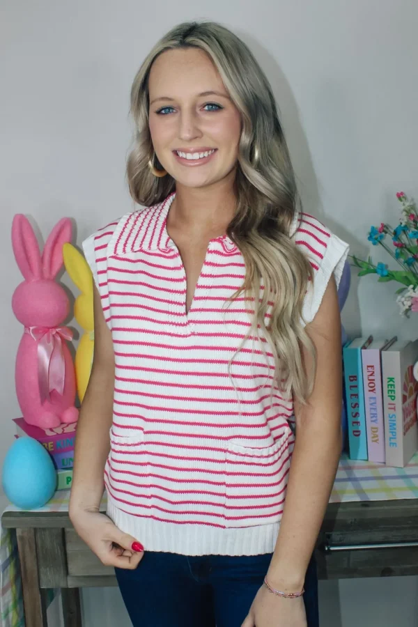 Allie Lynn's Boutique Printed Tops<Hot Pink Striped Sweater Top