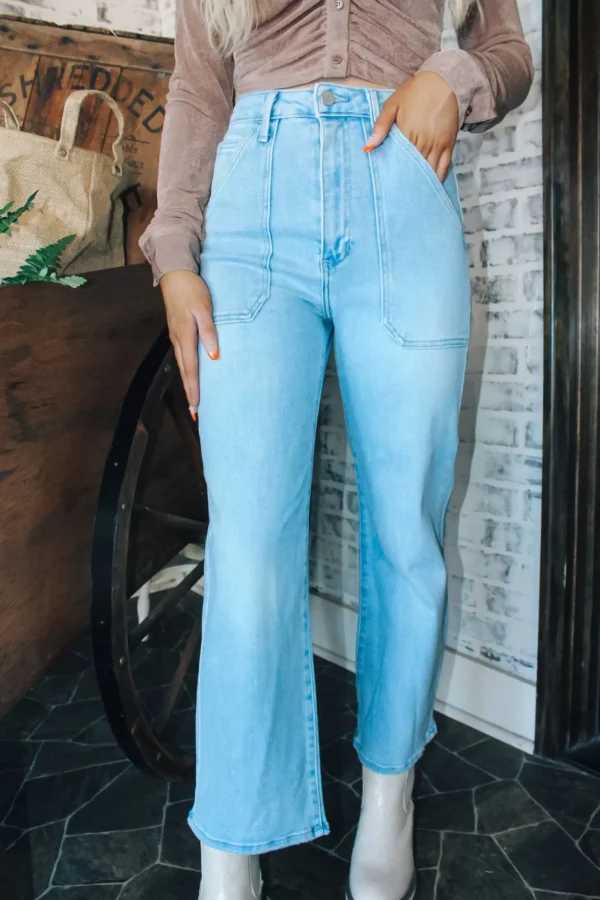 Allie Lynn's Boutique Pants<Hr Cargo Pocket Wide Leg Jeans "Light Denim"