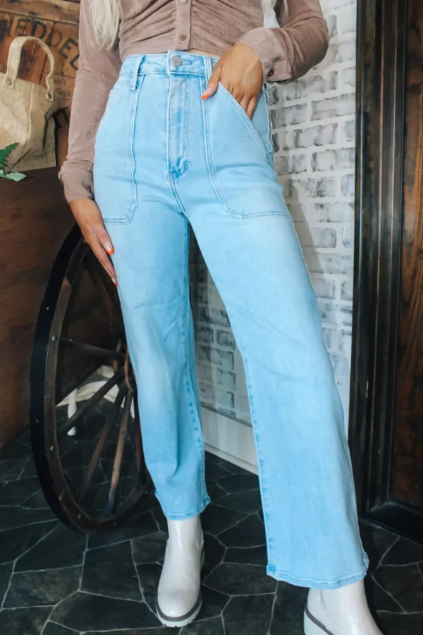 Allie Lynn's Boutique Pants<Hr Cargo Pocket Wide Leg Jeans "Light Denim"