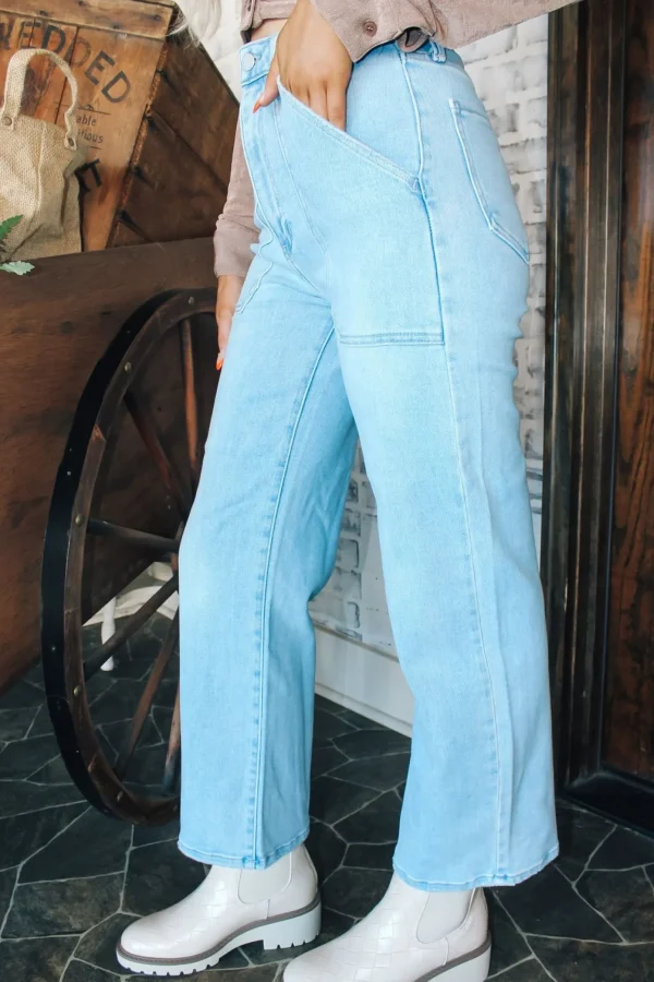 Allie Lynn's Boutique Pants<Hr Cargo Pocket Wide Leg Jeans "Light Denim"