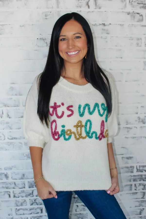 Allie Lynn's Boutique Printed Tops<It'S My Birthday Sweater Top "Ivory"