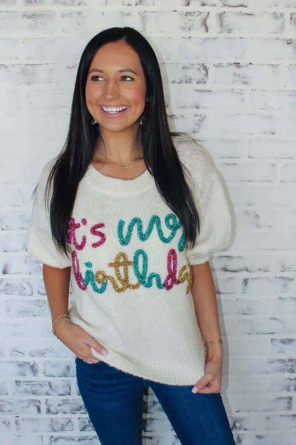 Allie Lynn's Boutique Printed Tops<It'S My Birthday Sweater Top "Ivory"