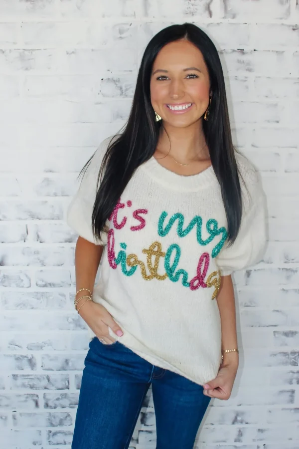 Allie Lynn's Boutique Printed Tops<It'S My Birthday Sweater Top "Ivory"