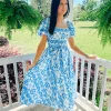 Allie Lynn's Boutique Maxi/Midi Dresses<Ivory Blue Printed Midi Dress