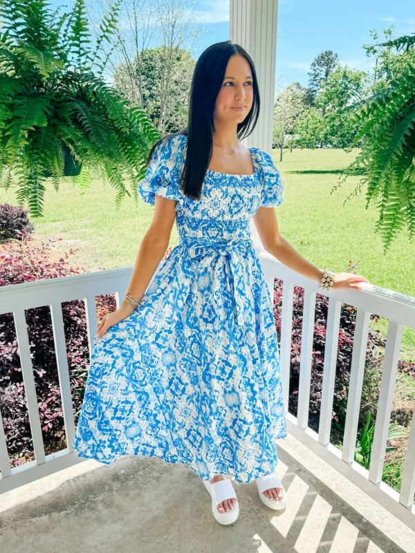 Allie Lynn's Boutique Maxi/Midi Dresses<Ivory Blue Printed Midi Dress