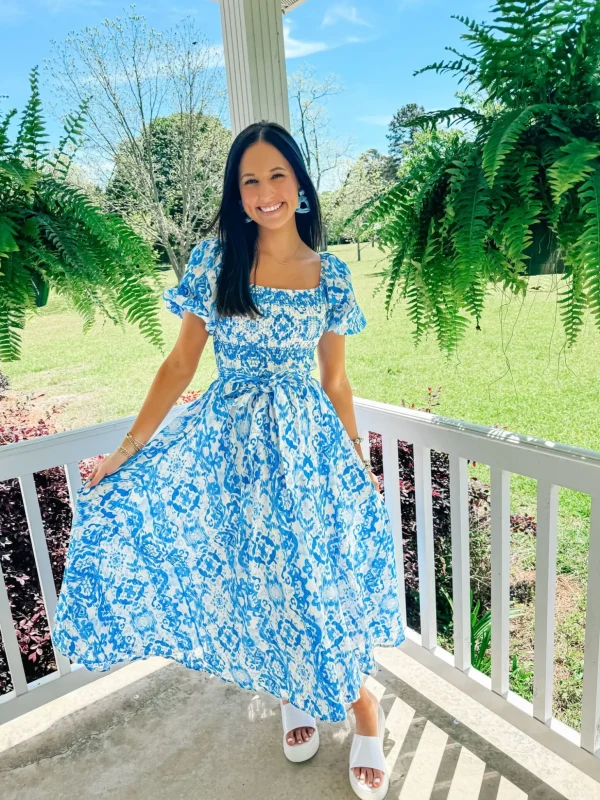 Allie Lynn's Boutique Maxi/Midi Dresses<Ivory Blue Printed Midi Dress