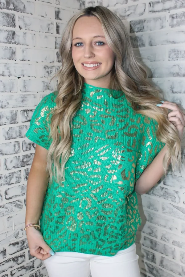 Allie Lynn's Boutique Sweaters/Jackets<Kelly Green Cheetah Sweater Top